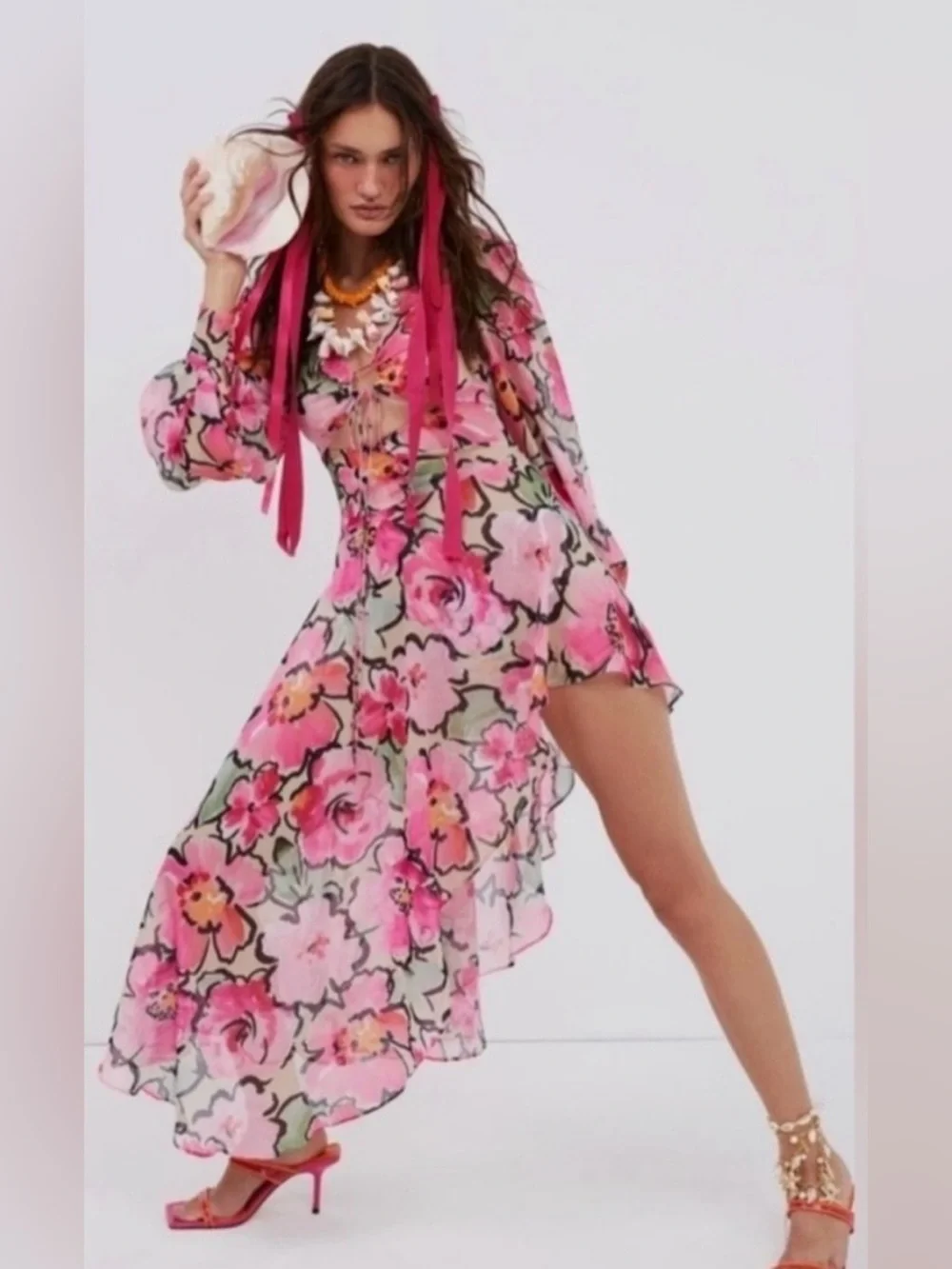 NWT For Love & Lemons Tiana Printed Floral Sheer Cut Out Midi Dress Size XS - Picture 3 of 9